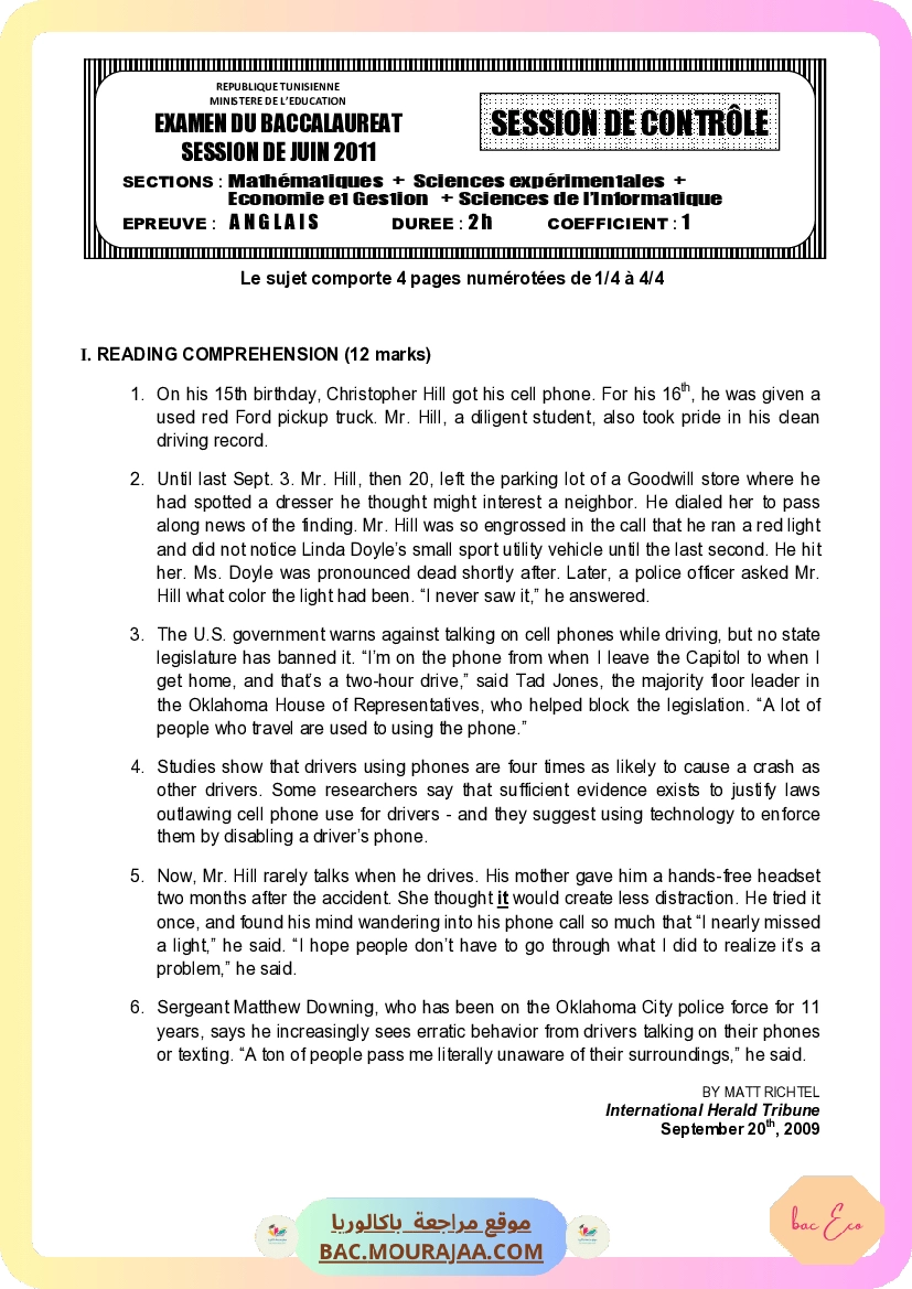 Sujet controle anglais Bac 2011 – Section eco